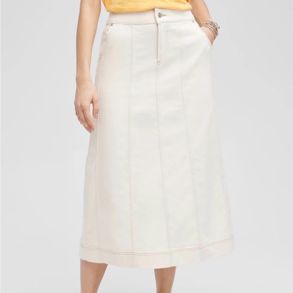 Chicos Seeded Natural Cream Denimin Midi Skirt Sz 16 NWT